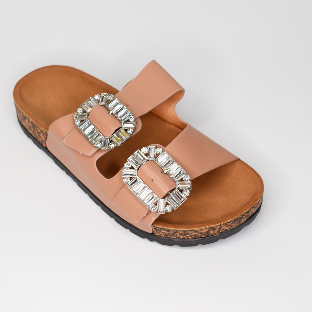 Ciabatte in Ecopelle Con Fibbia Gioiello Modello Creta Camel